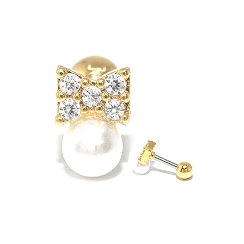 ジュエルリボン付きパールピアス・ゴールド