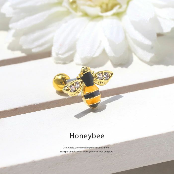 軟骨ピアスミツバチ蜜蜂羽キュービックジルコニア黄黒ストレートバーベル16ゲージボディピアス