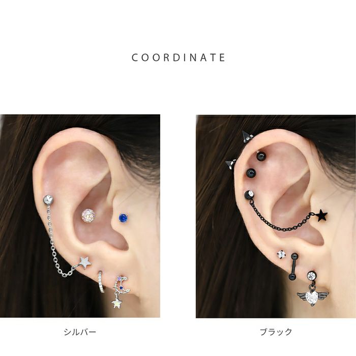 ブラックとシルバーのスタージュエルモチーフダブルチェーンピアス着用モデル