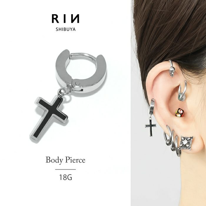 ステンレスピアス0026/クロスチャーム/フープ/ファッションピアス/サージカルステンレス「Fピアス」