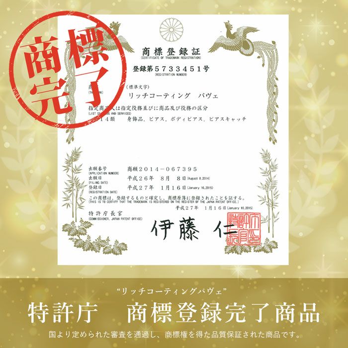 特許庁標章登録完了商品ボディピアス凛リッチコーティングパヴェキャッチつけっぱなし軟骨ピアス用パーツ凛専門店激安18G16G14G12Gネジ式