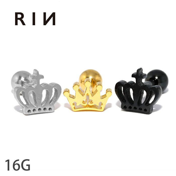 軟骨ピアス王冠クラウンボディピアスかわいい16Gストレートバーベルゴールドブラック crown専門店凛RIN激安