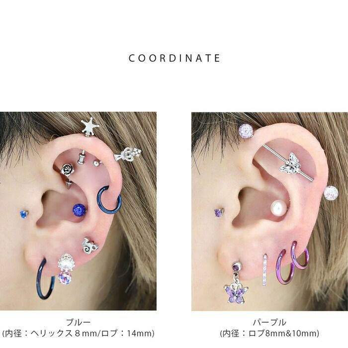 14G16Gワンタッチセグメントリングピアスつけっぱなしサージカルステンレスシルバーシンプルパープルボディピアスボディーピアス軟骨ピアス錆びないPVDコーティングおすすめ凛
