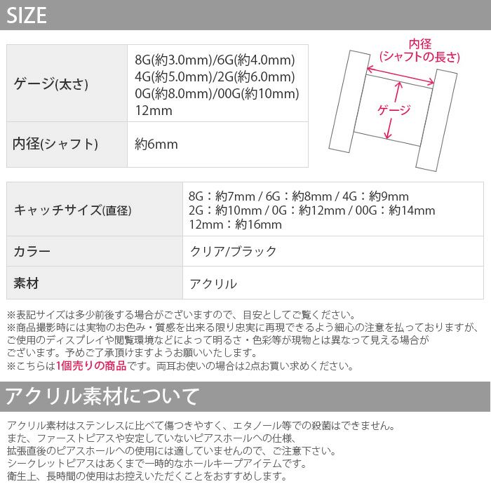 アクリル製拡張ピアスフレッシュトンネルのディティール素材