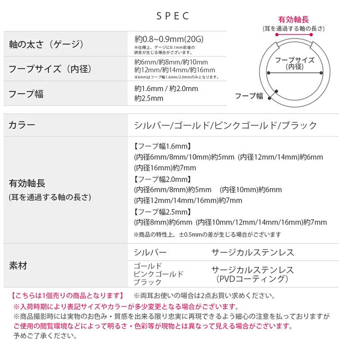 ワンタッチリングピアスボディピアス軟骨ピアス20G20ゲージフープスタイリッシュストレートバーベルボディーピアス凛PVD専門店サージカルステンレス