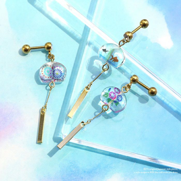 ボディピアス軟骨ピアス14G16G和風風鈴金魚花火朝顔夏軟骨1038