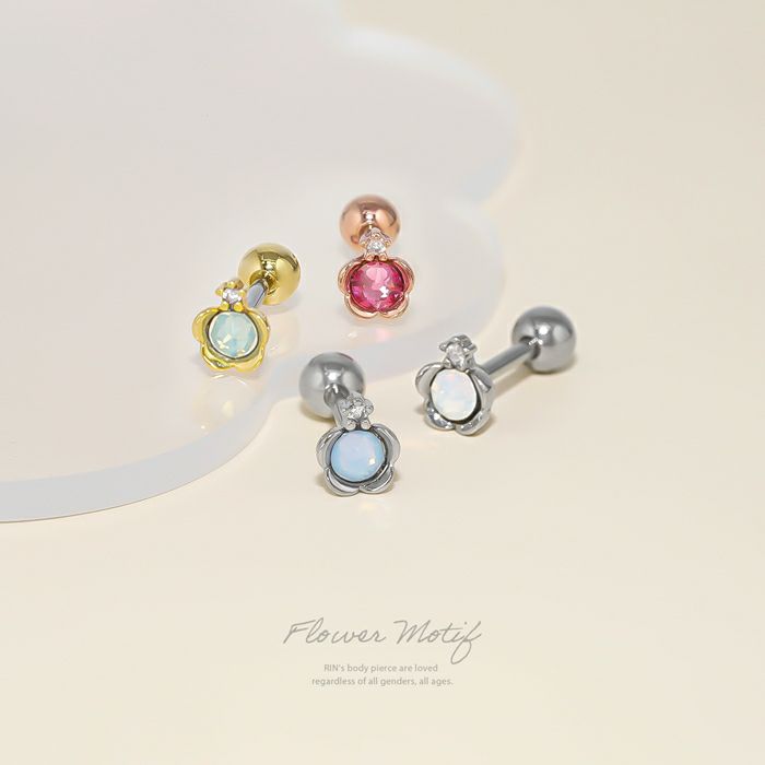 軟骨ピアス かわいい ジュエル フラワー 花 小さめ ミルキーカラー ストレートバーベル ボディピアス