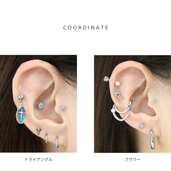 16Gボディピアス三角花ストレートバーベルトライアングルフラワー花びらジュエルサージカルステンレス上品軟骨ピアスボディーピアス【軟骨1074】