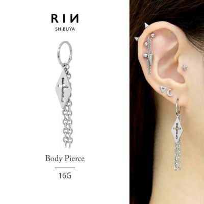 ボディピアス 16G 軟骨ピアス クロス チェーン チャーム 16