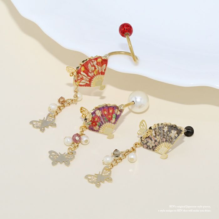 凛オリジナル和物シリーズ・和風扇子と蝶々チャームつきキャッチ・カスタマイズにぴったり！RINアクセサリー公式通販