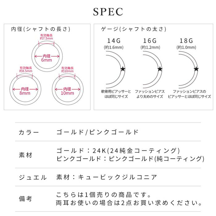 軟骨ピアス16Gボディピアス14G24金ピンクゴールド本物コーティングジュエル16ゲージ14ゲージピアスセグメントリング片耳用耳軟骨1264