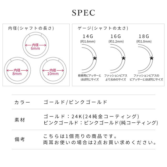 軟骨ピアス14Gボディピアス24金ピンクゴールド本物コーティング16Gセグメントリングシンプルゲージつけっぱなしワンタッチリングフープ片耳用サージカルステンレス耳軟骨1263
