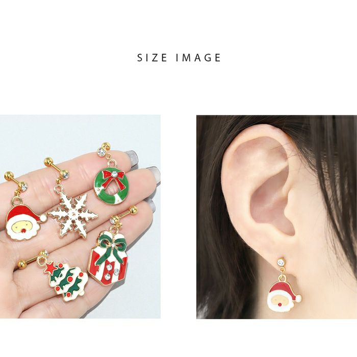 軟骨ピアス16Gボディピアス14Gクリスマスツリーリースサンタクロース雪の結晶プレゼントチャーム付きジュエルXmas16ゲージ14ゲージピアスストレートバーベル片耳用サージカルステンレス耳オリジナル0198