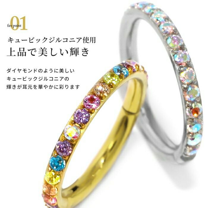 14G16G18Gワンタッチセグメントリングつけっぱなし軟骨ピアスボディピアスジュエルクリッカーリングピアス軟骨両耳用 PVDコーティングレディース凛高見え2個セット