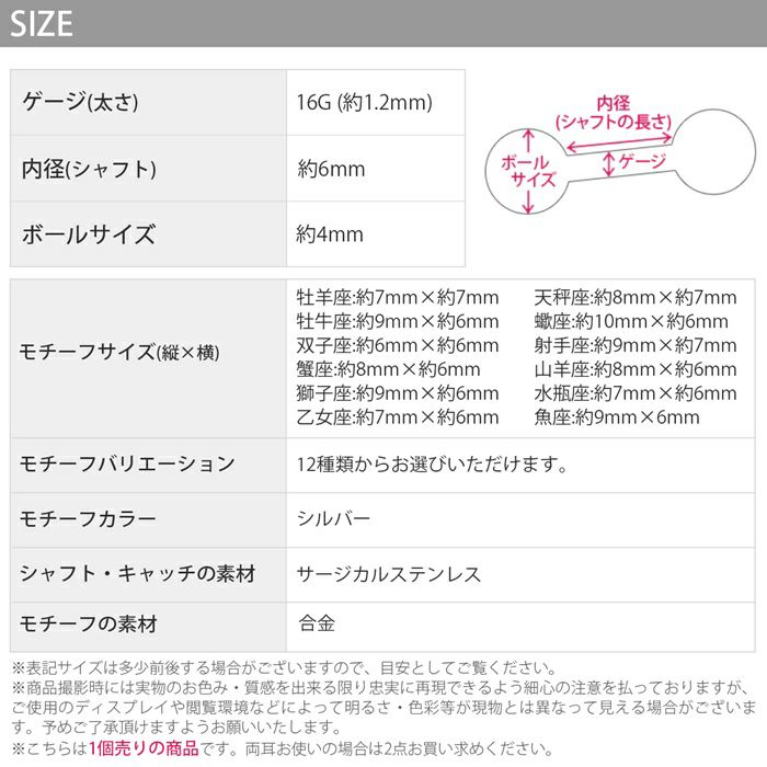 軟骨ピアス16Gボディピアス星座ホロスコープ12星座誕生月16ゲージピアスストレートバーベル片耳用サージカルステンレス耳軟骨1284
