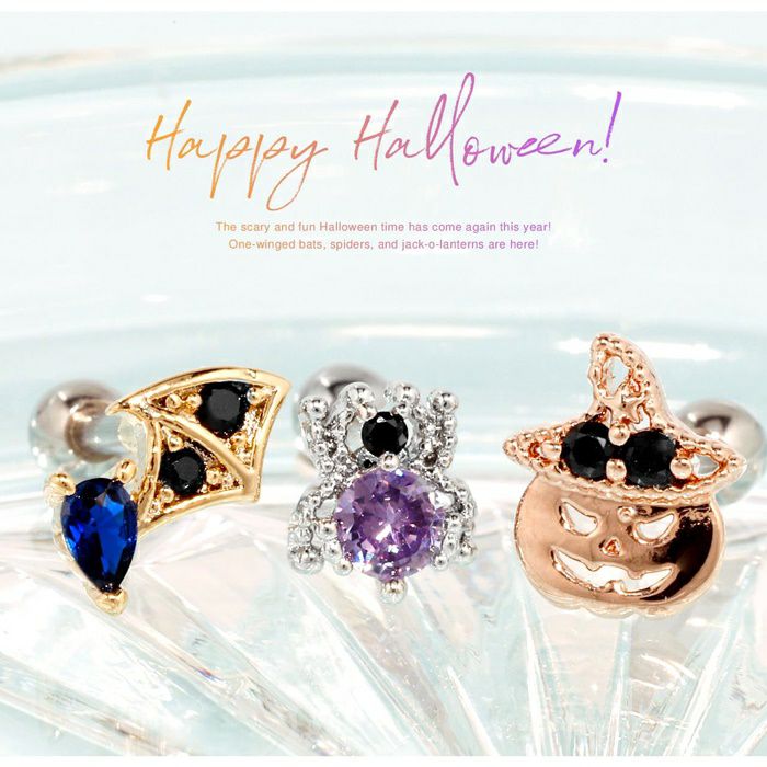 ハロウィンのパンプキンと蜘蛛とコウモリモチーフのピアス