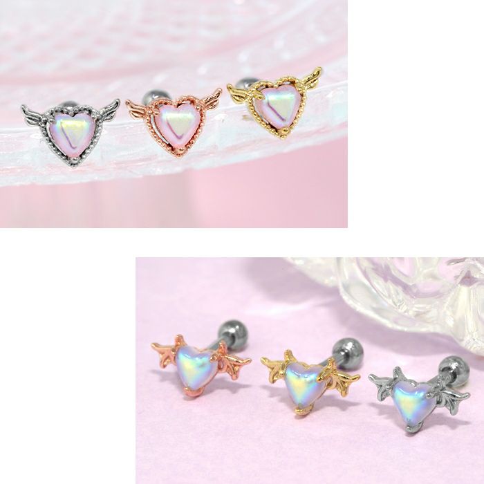 ボディピアス 軟骨ピアス 天使 悪魔 羽 ハート ジュエル オーロラ シルバー ゴールド ピンクゴールド 16G ボディピアス専門店凛 RIN オーロラストーン きらきら かわいい
