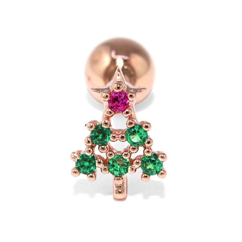 クリスマスCZジュエルピアス・クリスマスツリーピンクゴールド