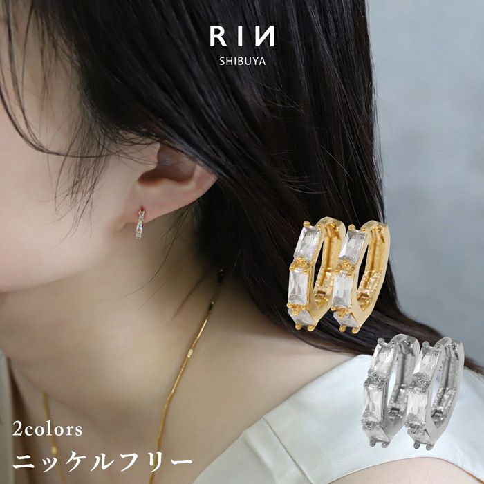 ピアスリングワンタッチジュエルピアス18Kロジウムコーティングキュービックジルコニアフープピアス