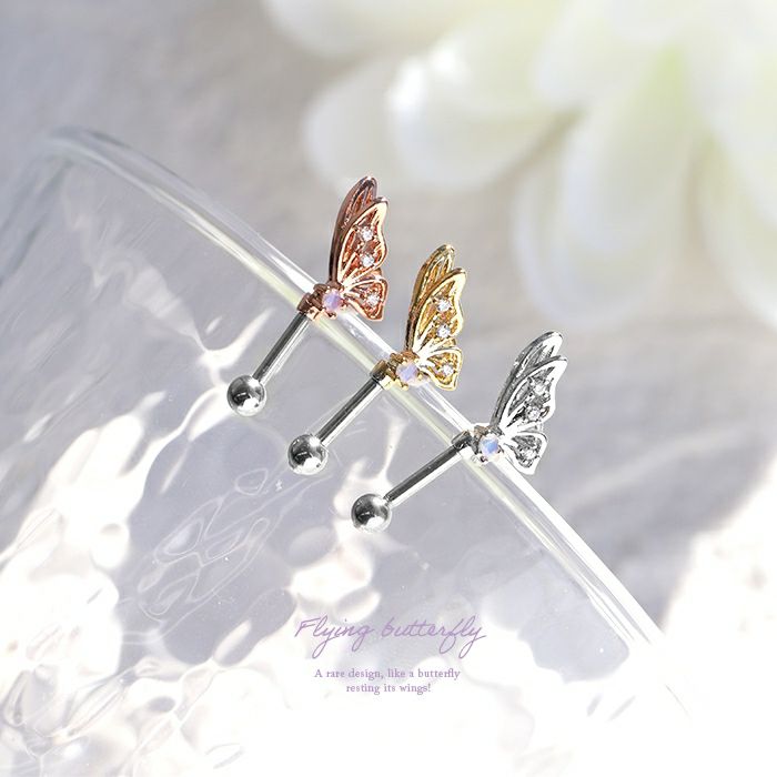 軟骨ピアスちょうちょアンテナヘリックスバタフライ透かしレリーフジュエルキュービックジルコニアストレートバーベル16ゲージ