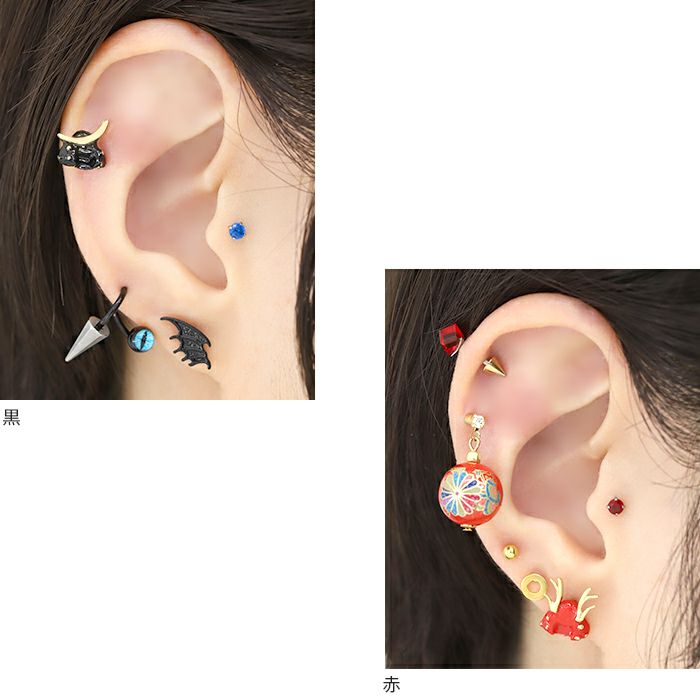 ボディピアスキャッチ軟骨ピアス16G18G兜和ピアス金属アレルギーサージカルステンレスレッドブラックステンレスピアスセカンドピアスメンズレディースピアスパーツ和風和柄カスタマイズ武士甲冑かっこいい片耳用