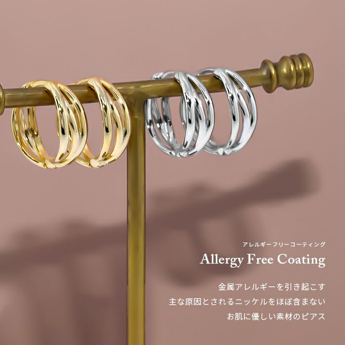ピアス18Kコーティングトリニティ3連シンプルリングピアスフープピアス