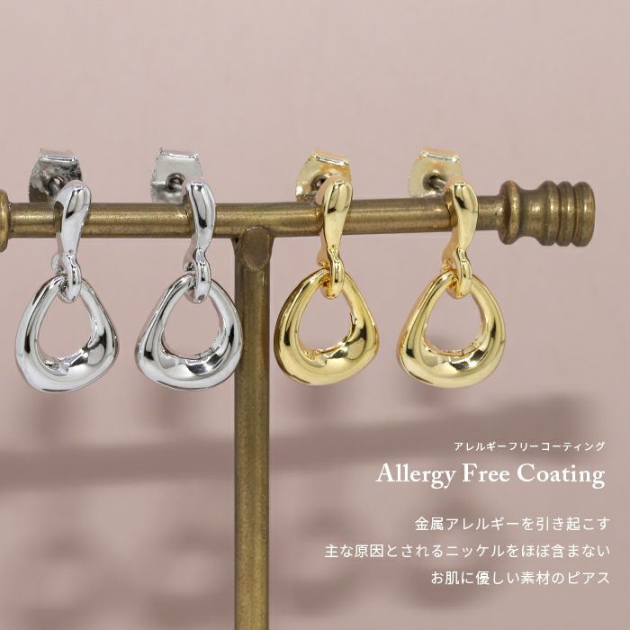 ピアス18Kコーティング楕円ドロップ上品チャームチタンポストスタッド