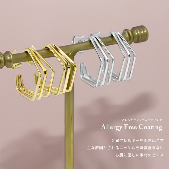 ピアス18Kコーティング5角形3連上品モダンフープペンタゴンスタッドアクセサリー