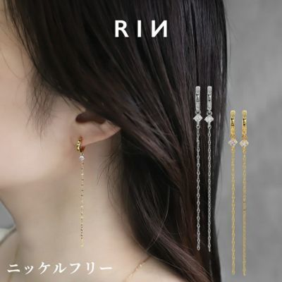 ピアス 18Kコーティング チェーン 揺れる ジュエル キュービック