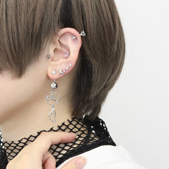 へそピアスかわいいカスタムセット星キューピッド翼エンジェル人気かわいい天使へそピゆめかわカーブドバーベルバナナバーベル14ゲージ18ゲージ魔法少女ボディピアス
