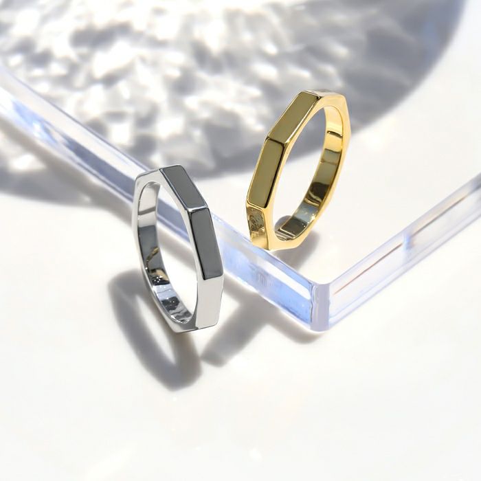 指輪リングシルバーゴールドシンプル八角形オクタゴン18金コーティングロジウムコーティングファッションリングアクセサリー