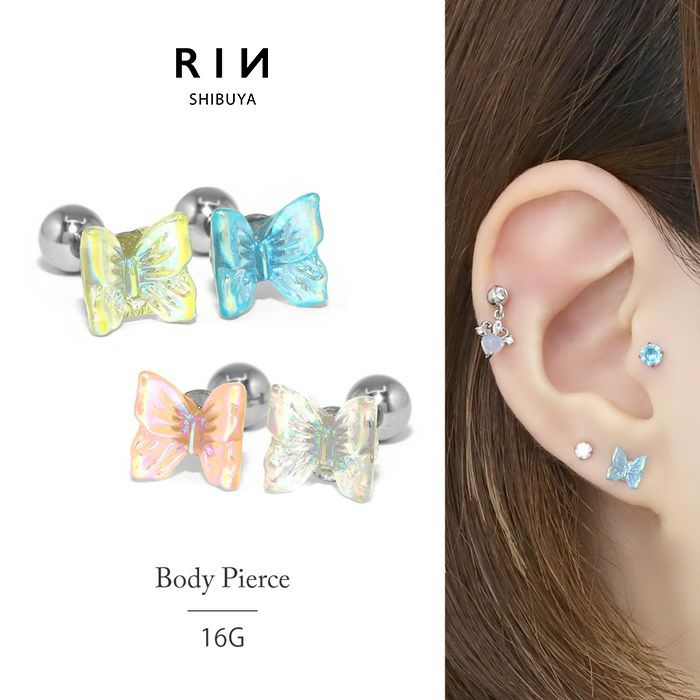 軟骨ピアス蝶々バタフライ16Gかわいいアクリルストレートバーベル金属アレルギー対応クリア韓国コーデボディピアス専門店凛RIN激安