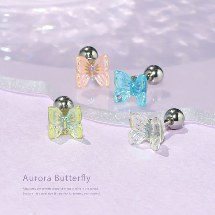 軟骨ピアスクリアキラキラ蝶々蝶バタフライオーロラゆめかわいいおしゃれキラキラ透明感アクリルストレートバーベル16ゲージボディピアス