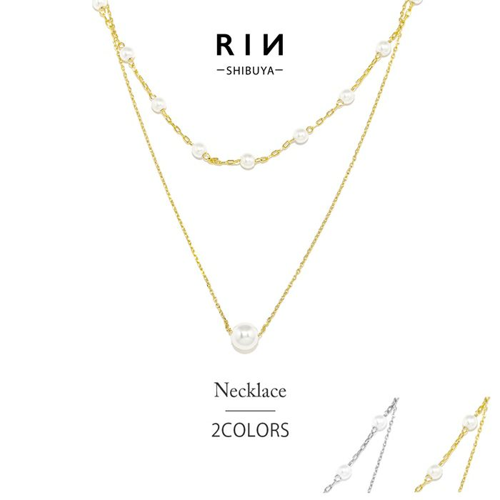 ネックレス2連パールネックレスチェーン16kコーティングきれいあずきチェーンアクセサリー