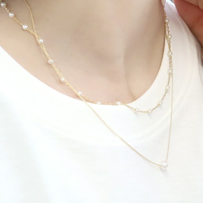 ネックレス2連パールネックレスチェーン16kコーティングきれいあずきチェーンアクセサリー