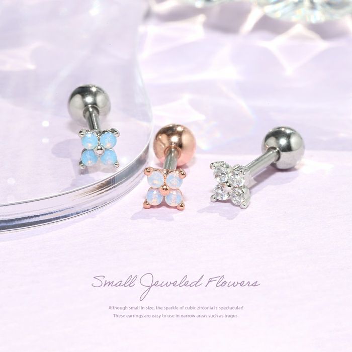 軟骨ピアスジュエルフラワー花かわいいプチクリアブルーオパールピンクオパールストレートバーベル16ゲージボディピアス