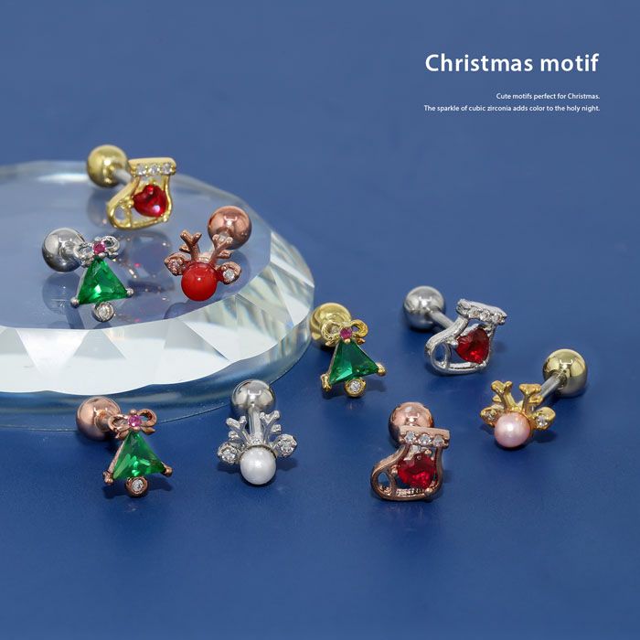 軟骨ピアスクリスマスジュエルツリートナカイ靴下キュービックジルコニアモミの木可愛いカラフルストレートバーベル16ゲージボディピアス12月ボディーピアス