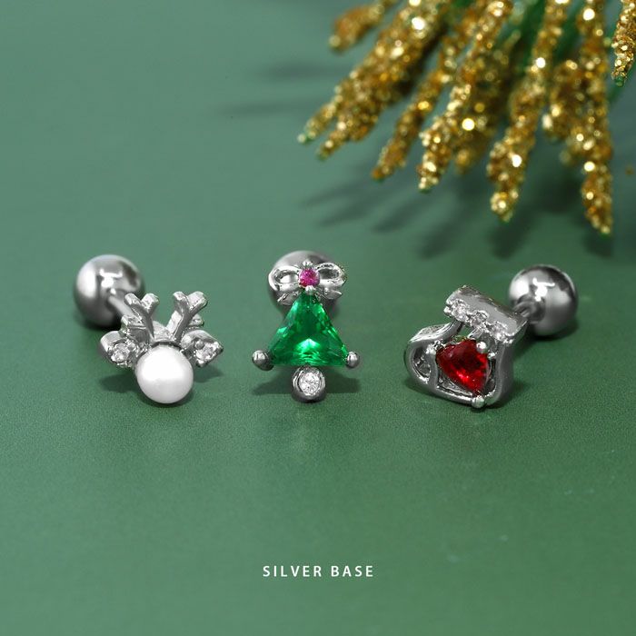 軟骨ピアスクリスマスジュエルツリートナカイ靴下キュービックジルコニアモミの木可愛いカラフルストレートバーベル16ゲージボディピアス12月ボディーピアス