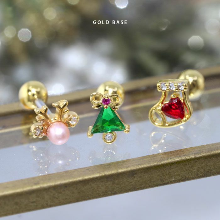 軟骨ピアスクリスマスジュエルツリートナカイ靴下キュービックジルコニアモミの木可愛いカラフルストレートバーベル16ゲージボディピアス12月ボディーピアス
