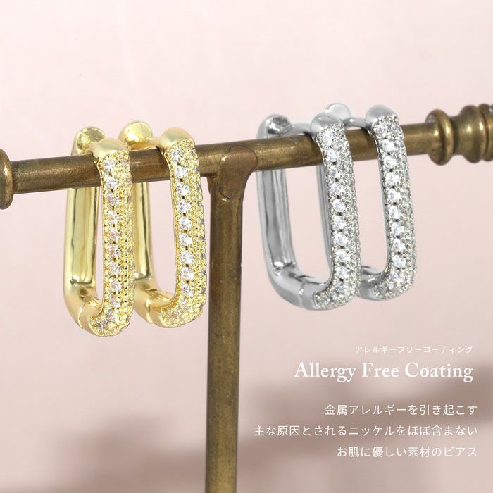 ピアス16Kコーティング長方形レクタングルキュービックジルコニアリングピアスフープアクセサリー