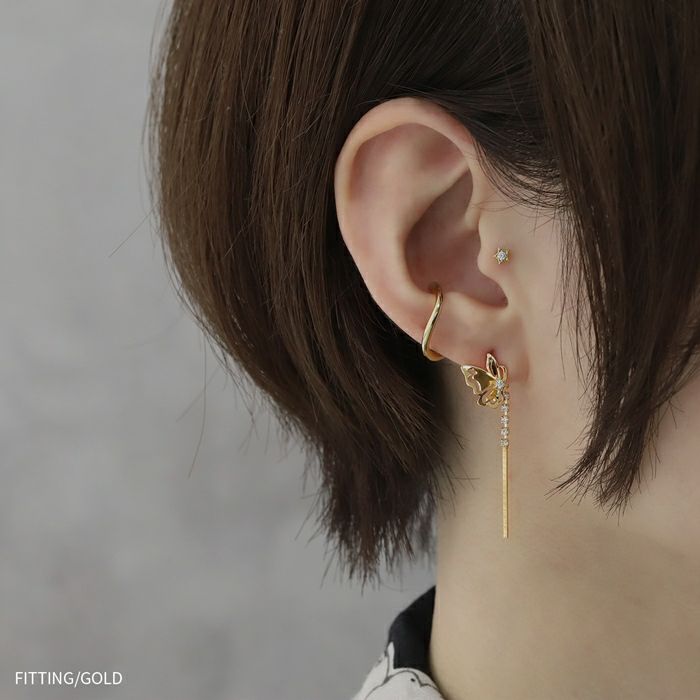 ピアス蝶バタフライ18Kコーティングジュエルバーエレガントチタンポストスタッドアクセサリー