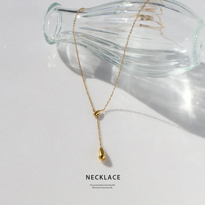 ネックレスドロップ雫Y字ラリエット18Kサージカルステンレスあずきチェーンアクセサリー