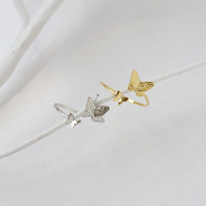 指輪レディースリング蝶バタフライリングほそみかわいいオープンリングフォークリングアクセサリー