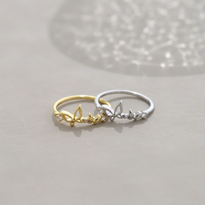 指輪レディースリングバタフライ蝶キュービックジルコニアほそみかわいいファッションリングアクセサリー