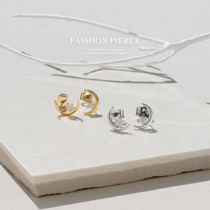 ピアス18Kコーティングムーン三日月星スターCZストーンきれいスタッドアクセサリー