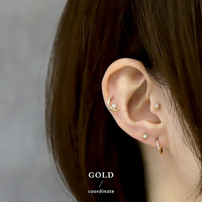 ピアス18Kコーティングムーン三日月星スターCZストーンきれいスタッドアクセサリー