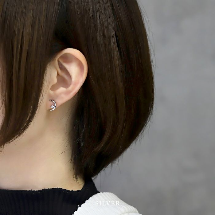 ピアス18Kコーティングムーン三日月星スターCZストーンきれいスタッドアクセサリー