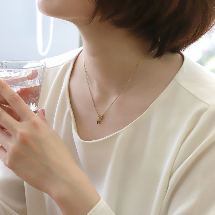 ネックレスキュービックジルコニアストーン蝶18金コーティングバタフライあずきチェーンアクセサリー