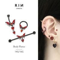 軟骨ピアス 蝶々 バタフライ 軟骨ピアス ハート ジュエル チャーム付き 16G 14G ストレートバーベル インダストリアル ワンタッチセグメントリング へそピアス ブラックレッド 小悪魔 地雷系 ボディピアス ちょうちょ