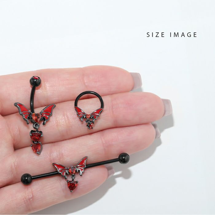 軟骨ピアス 蝶々 バタフライ 軟骨ピアス ハート ジュエル チャーム付き 16G 14G ストレートバーベル インダストリアル ワンタッチセグメントリング へそピアス ブラックレッド 小悪魔 地雷系 ボディピアス ちょうちょ